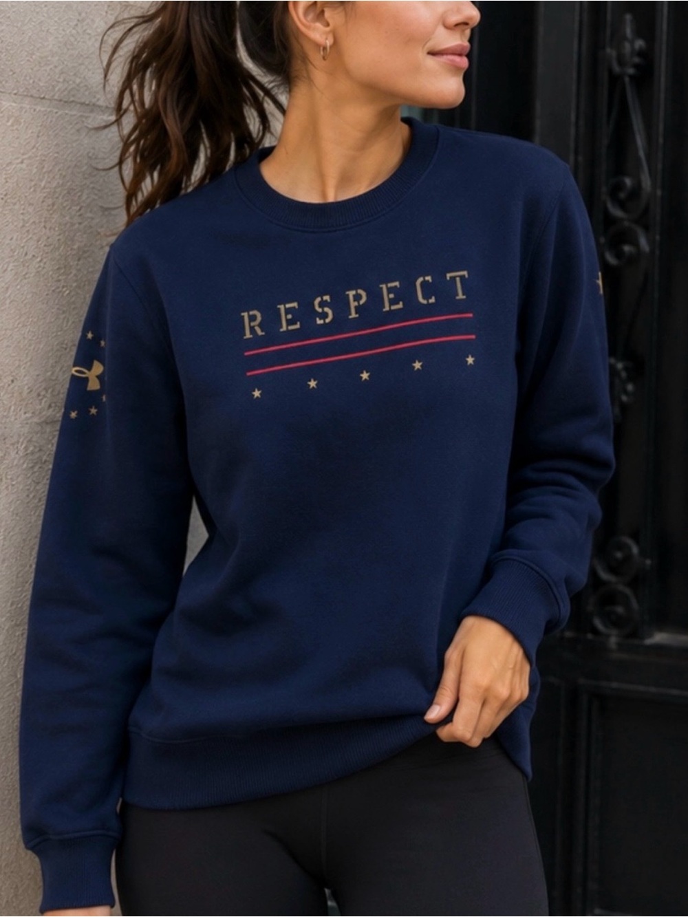 Under Armour Navy Respect Graphic Crewneck Sweatshirt, Size S/M